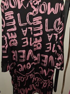 Black Button-Down Shirt Dress with Pink Script Print